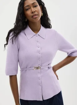 Belted fitted shirt-collar cardigan