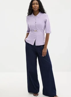Belted fitted shirt-collar cardigan