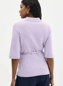 Belted fitted shirt-collar cardigan