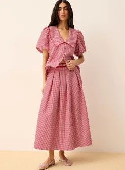 Belted flared gingham seersucker skirt
