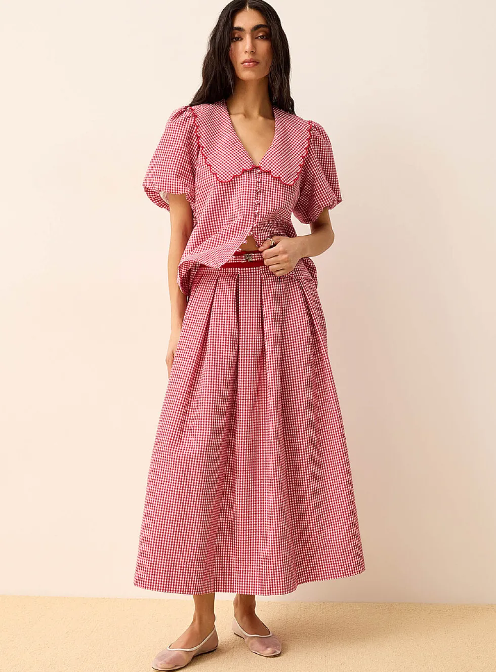 Belted flared gingham seersucker skirt