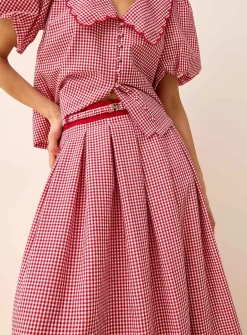 Belted flared gingham seersucker skirt