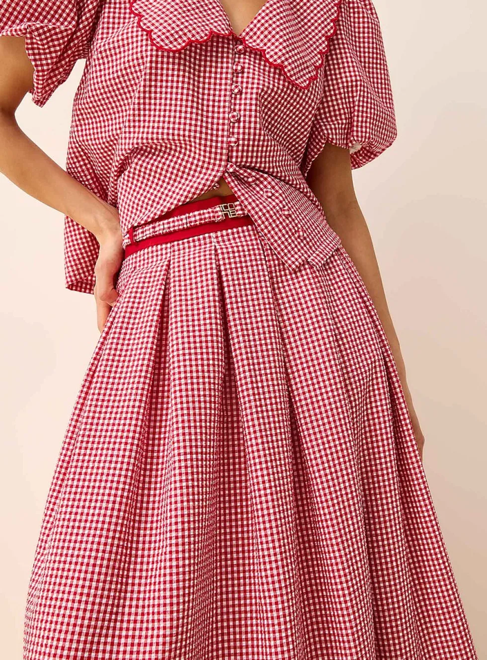 Belted flared gingham seersucker skirt