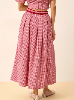 Belted flared gingham seersucker skirt