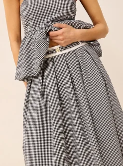 Belted flared gingham seersucker skirt