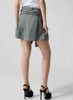 Belted high-waisted gathered shorts