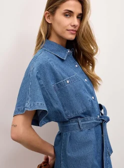 Belted lightweight denim shirtdress