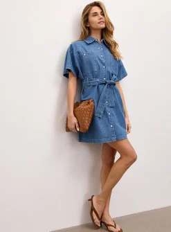 Belted lightweight denim shirtdress