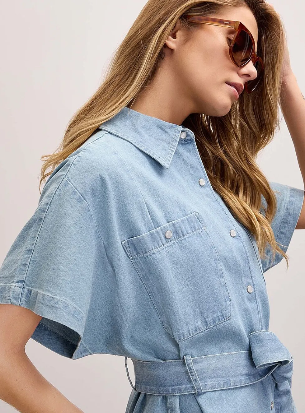 Belted lightweight denim shirtdress