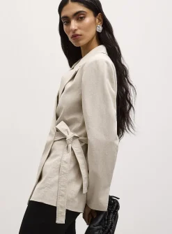 Belted loose linen-blend blazer