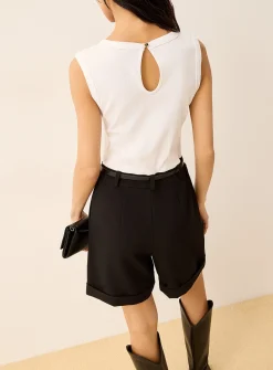 Belted mixed media sleeveless romper