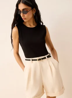 Belted mixed media sleeveless romper