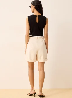Belted mixed media sleeveless romper