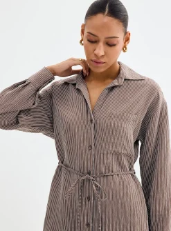 Belted pinstriped shirtdress