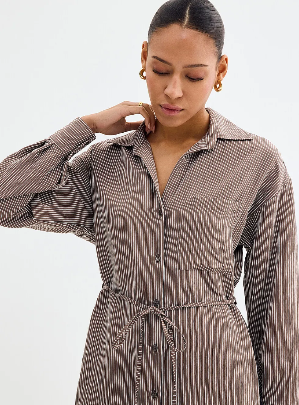 Belted pinstriped shirtdress
