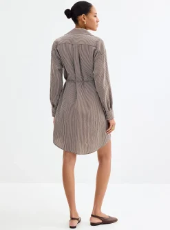 Belted pinstriped shirtdress