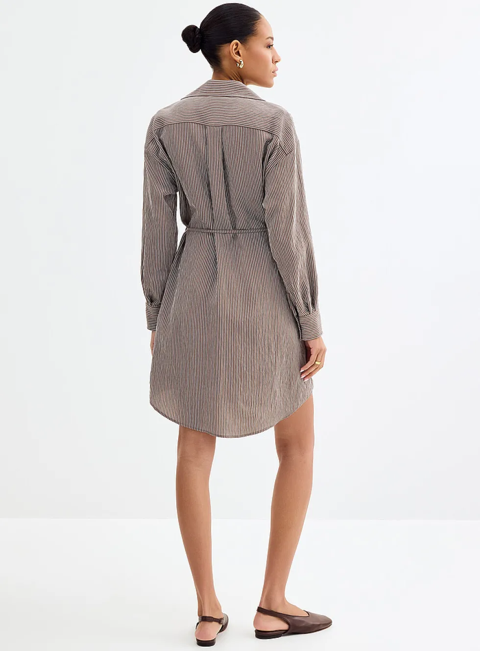 Belted pinstriped shirtdress