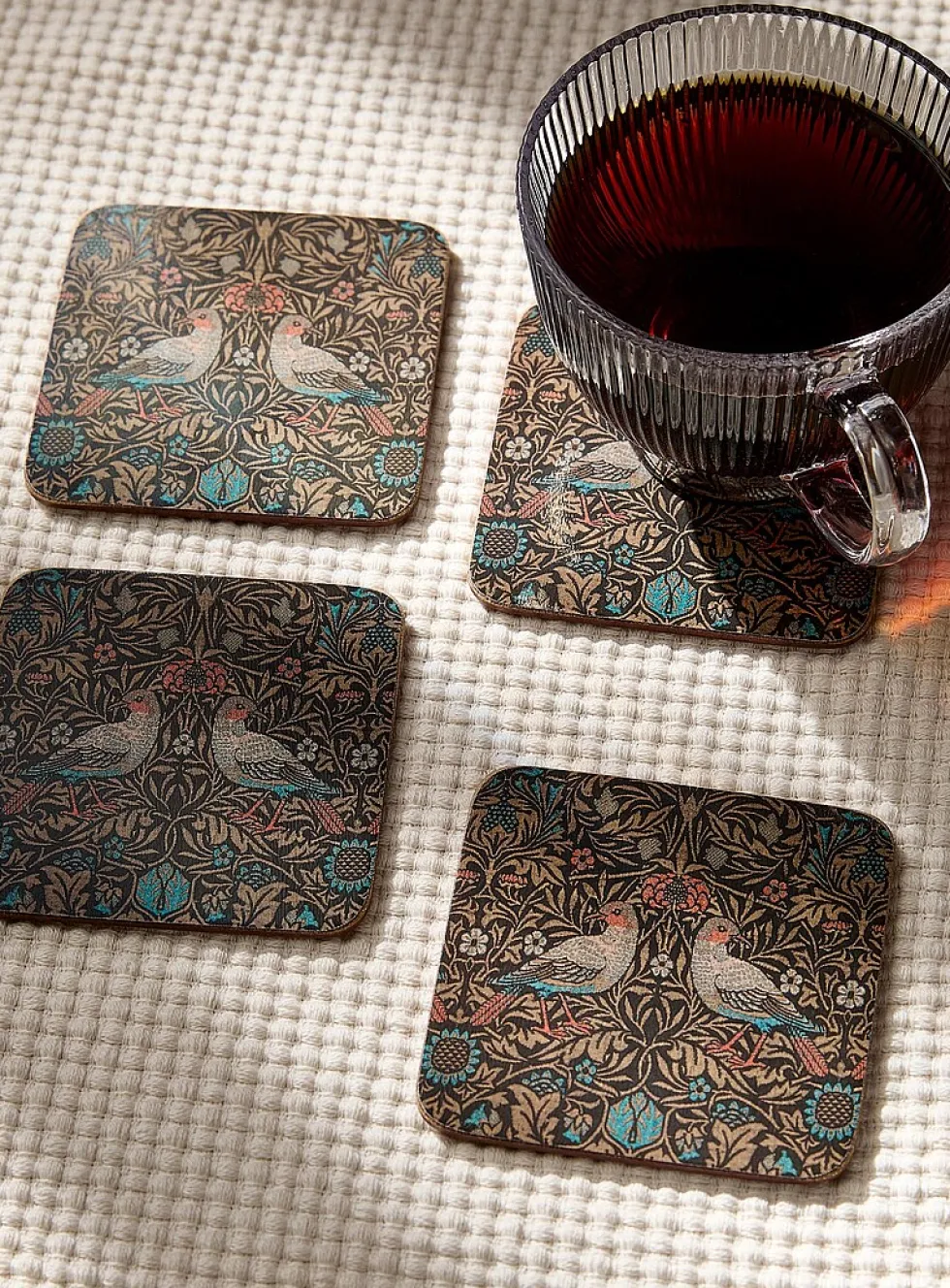 Birds tapestry laminated cork coasters