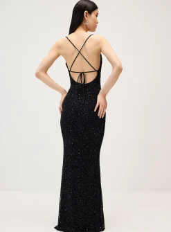 Black beaded mesh maxi dress
