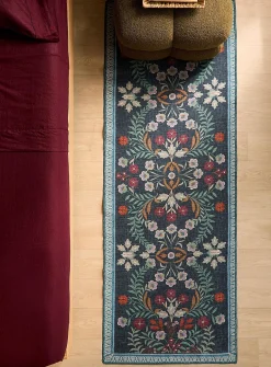 Blooming flowers midnight blue hallway rug