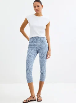 Blue foliage stretch denim capri legging