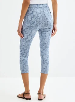 Blue foliage stretch denim capri legging