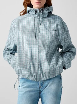 Blue plaid hooded shirt jacket