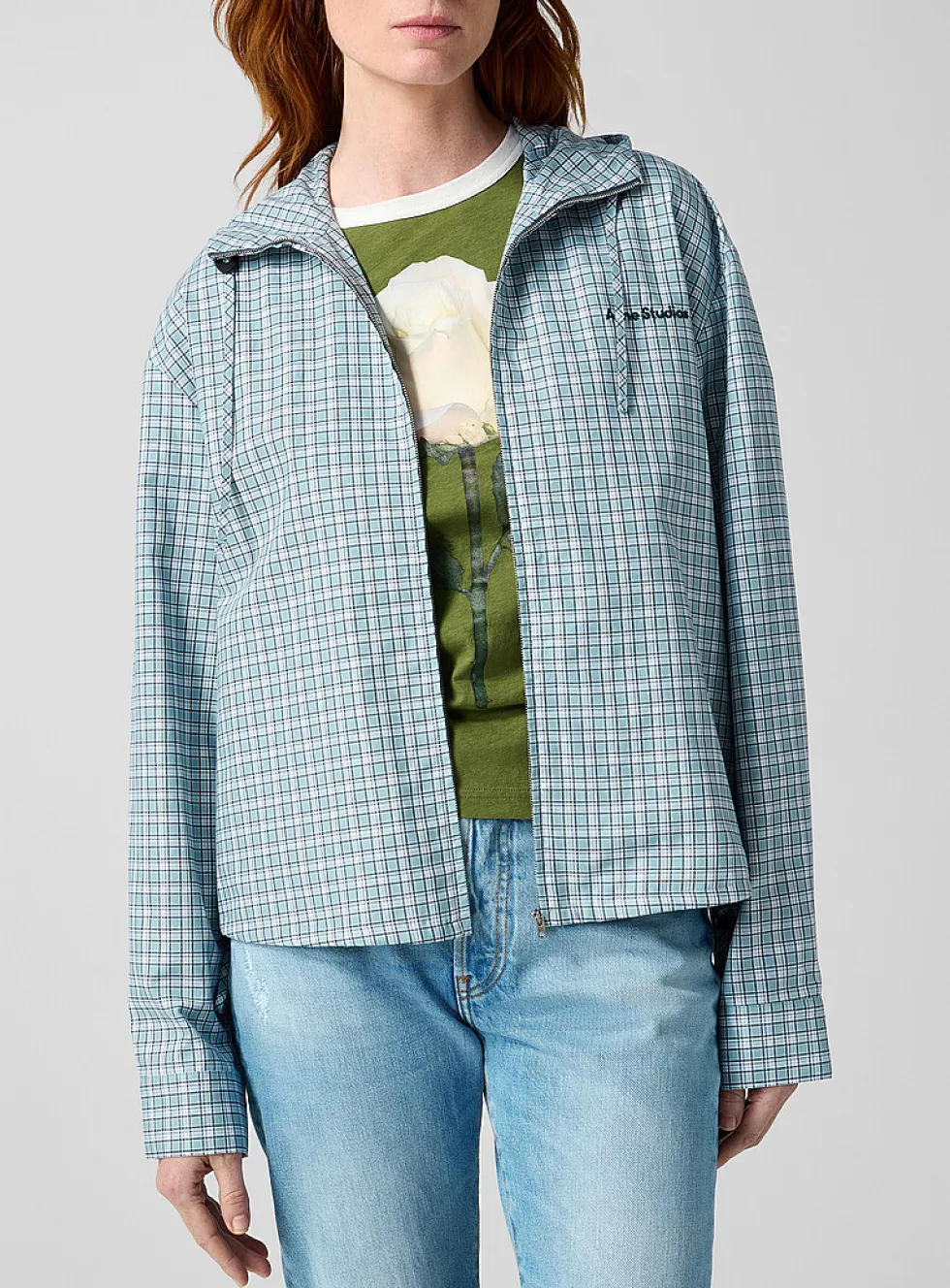 Blue plaid hooded shirt jacket