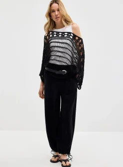 Boat-neck crochet-effect sweater