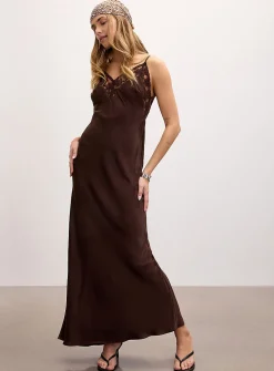 Bonita chocolate brown satin and lace maxi dress