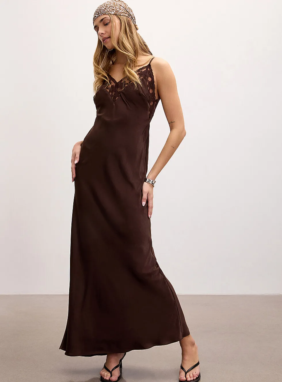 Bonita chocolate brown satin and lace maxi dress