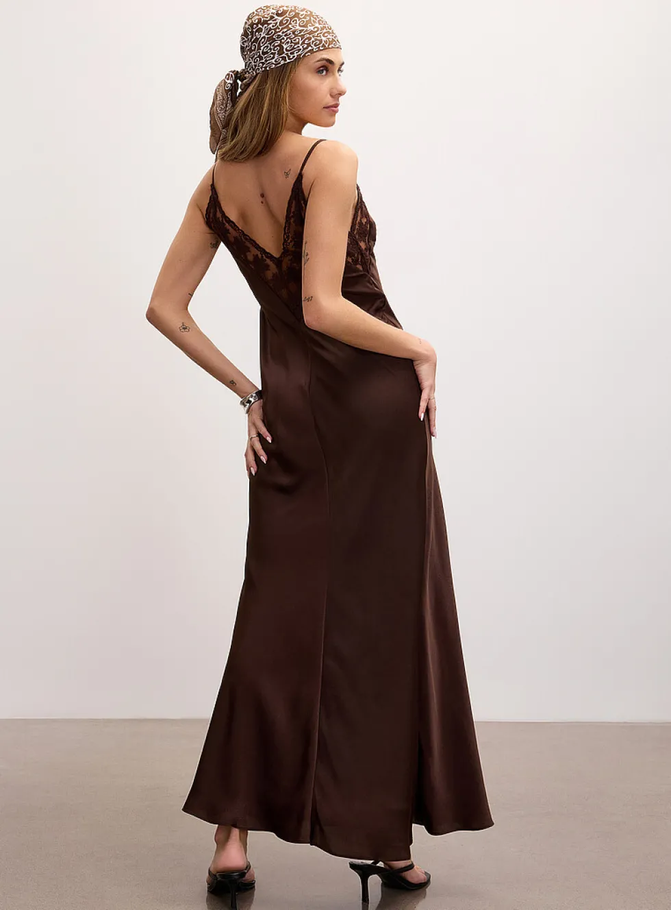 Bonita chocolate brown satin and lace maxi dress