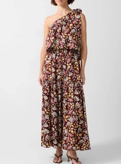 Botanical shapes tiered one-shoulder maxi dress