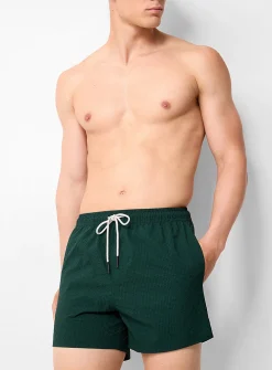 Bottle-green seersucker ripstop swim trunk