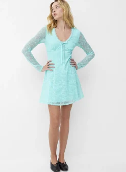 Bow-detail V-neck stretch lace skater minidress