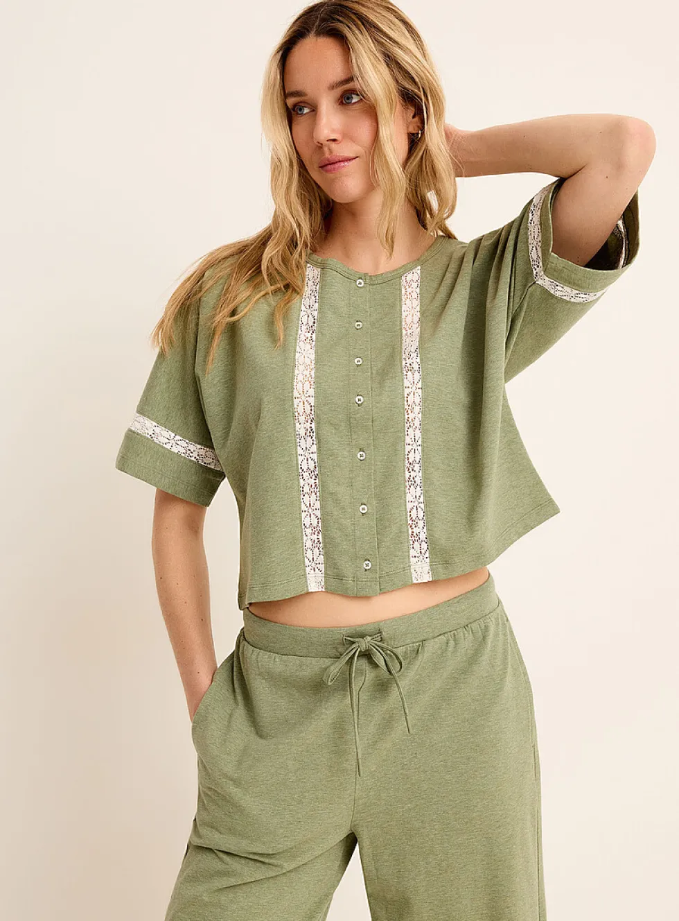 Boxy button-front lace-accent Supima® cotton T-shirt
