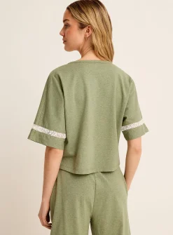 Boxy button-front lace-accent Supima® cotton T-shirt