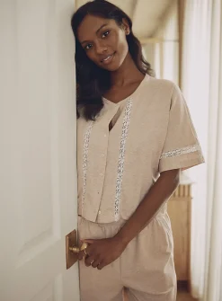 Boxy button-front lace-accent Supima® cotton T-shirt