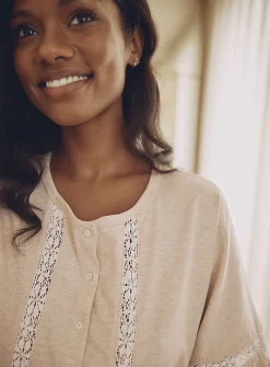 Boxy button-front lace-accent Supima® cotton T-shirt