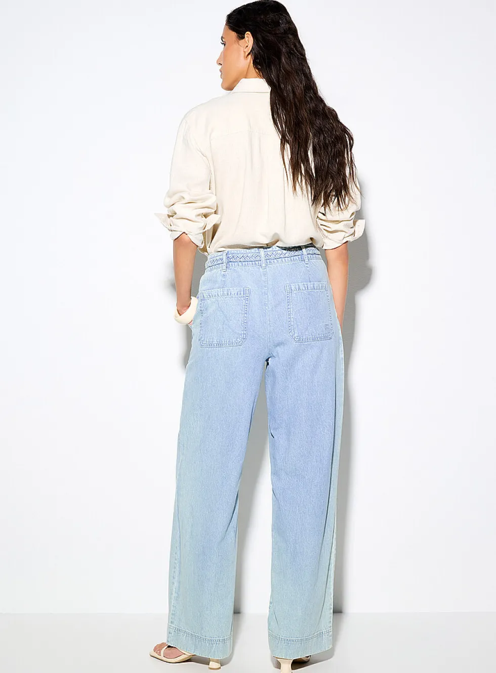 Braided belt lightweight denim wide-leg jean
