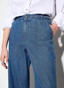 Braided belt lightweight denim wide-leg jean