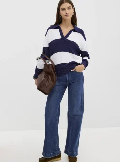 Broad stripes Johnny-collar sweater