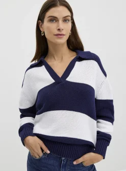 Broad stripes Johnny-collar sweater