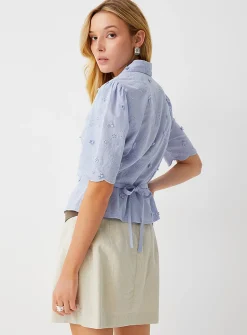 Broderie anglaise notch collar drawcord waist blouse
