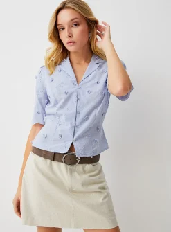 Broderie anglaise notch collar drawcord waist blouse