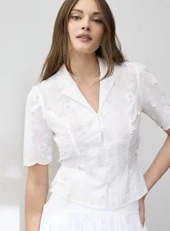 Broderie anglaise notch collar drawcord waist blouse