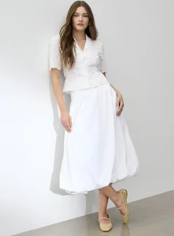 Broderie anglaise notch collar drawcord waist blouse