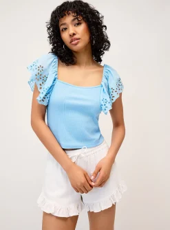 Broderie anglaise sleeve cropped T-shirt