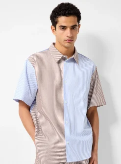 Brown and blue striped crisp poplin shirt