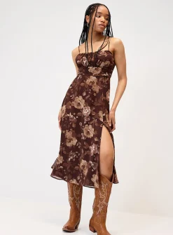 Brown flowers chiffon midi dress
